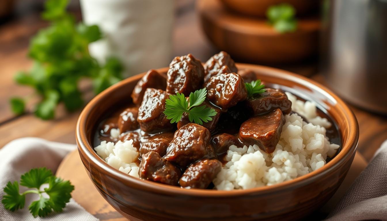 Beef Tips in Gravy with Rice