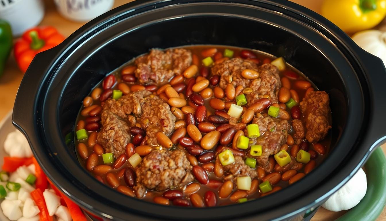 Burger meat and beans in a slow cooker recipe