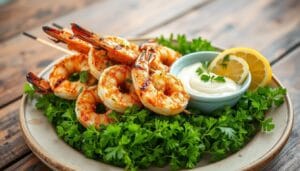 Spicy Garlic Parmesan Grilled Shrimp with Lemon Herb Aioli