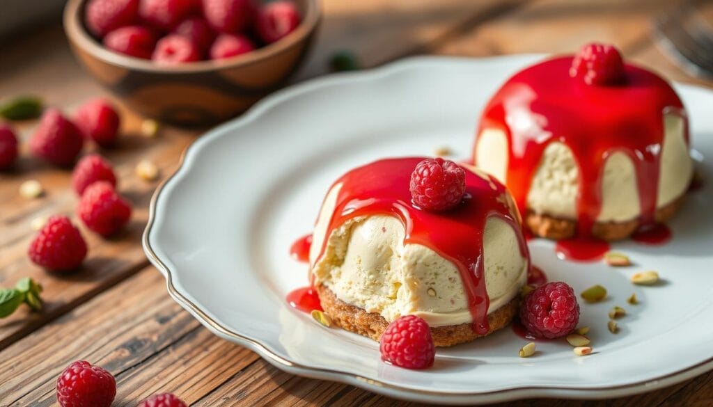 pistachio and raspberry cheesecake domes