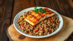 Cajun dirty rice with blackened salmon